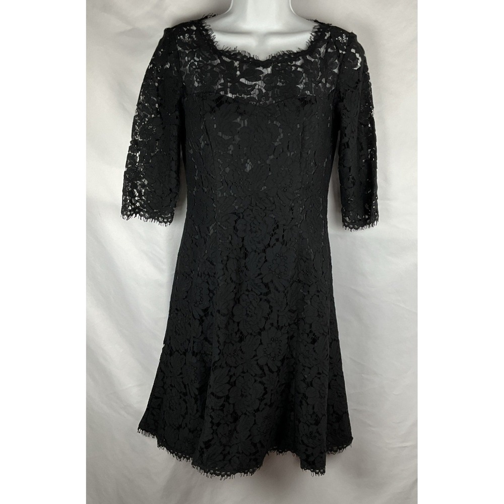 ELIZA J Women's‎ 2 Black Floral Sheer Lace 3/4 Sleeve Eyelash Lace Lined Dress